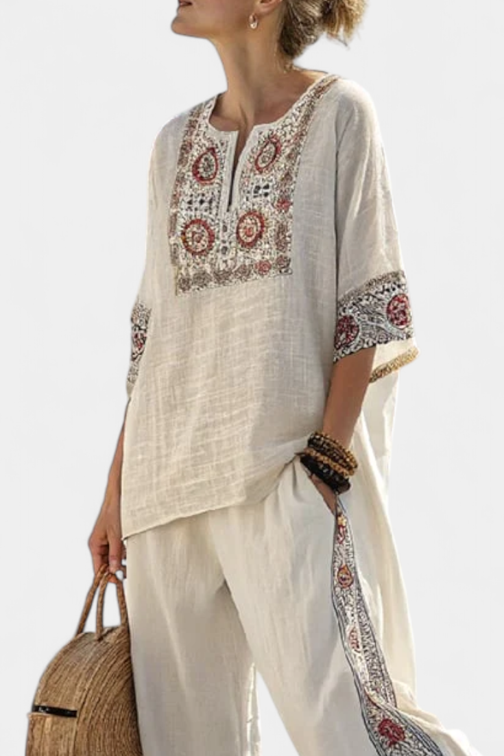 Tameric | Sophisticated Embroidered Raw Blouse & Wide Trousers