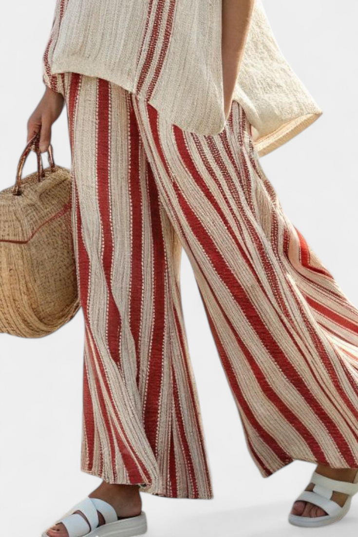 Mirella | Sophisticated Textured Red-Stripe Top & Linen Trousers